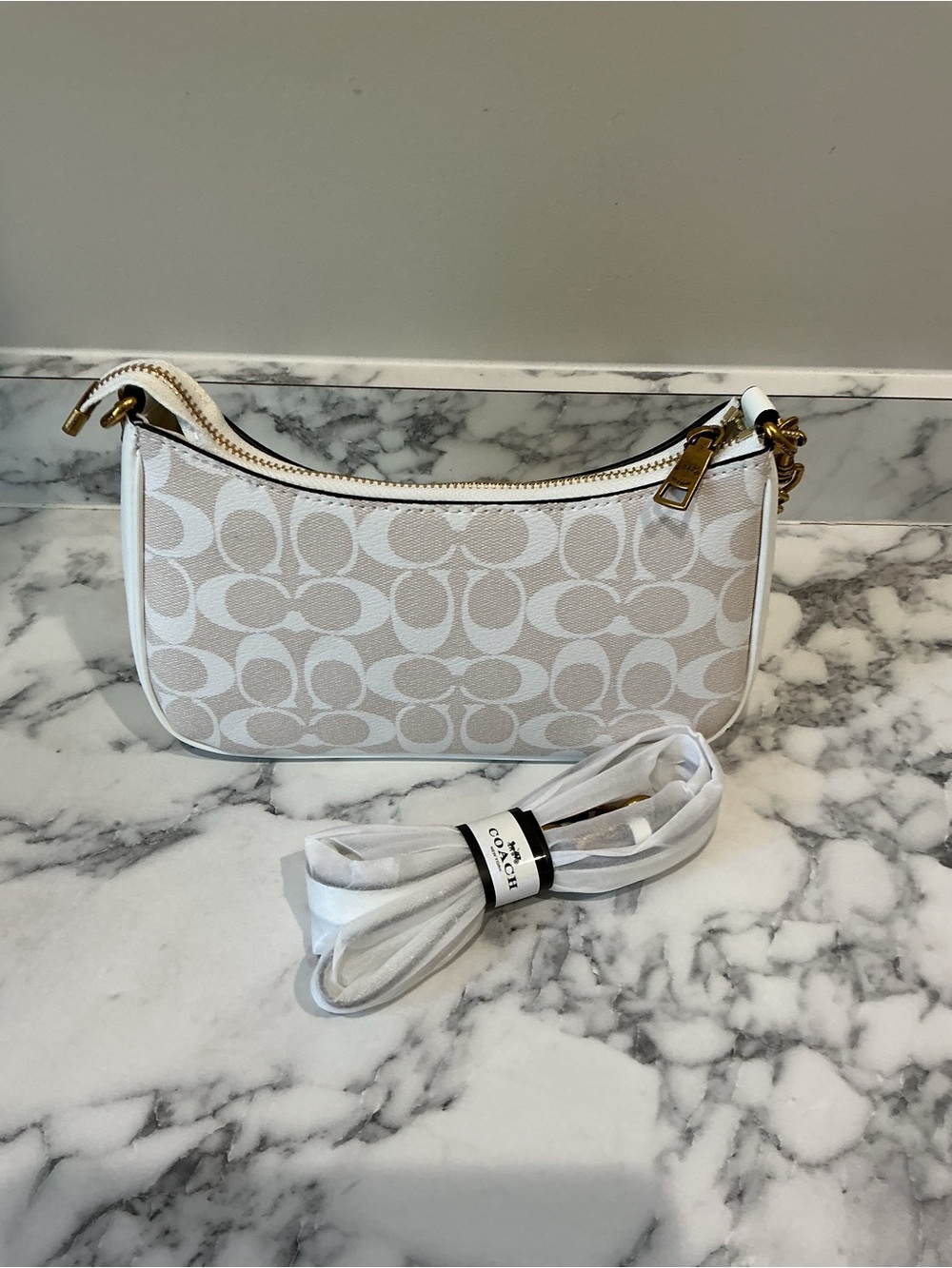Coach Chalk & White Signature Mini Shoulder Bag with Gold Chain - Picture 2 of 5